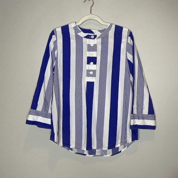 J Crew Button Front Cotton Poplin Tunic Popover Blouse Blue White Stripe Size S - Picture 1 of 8